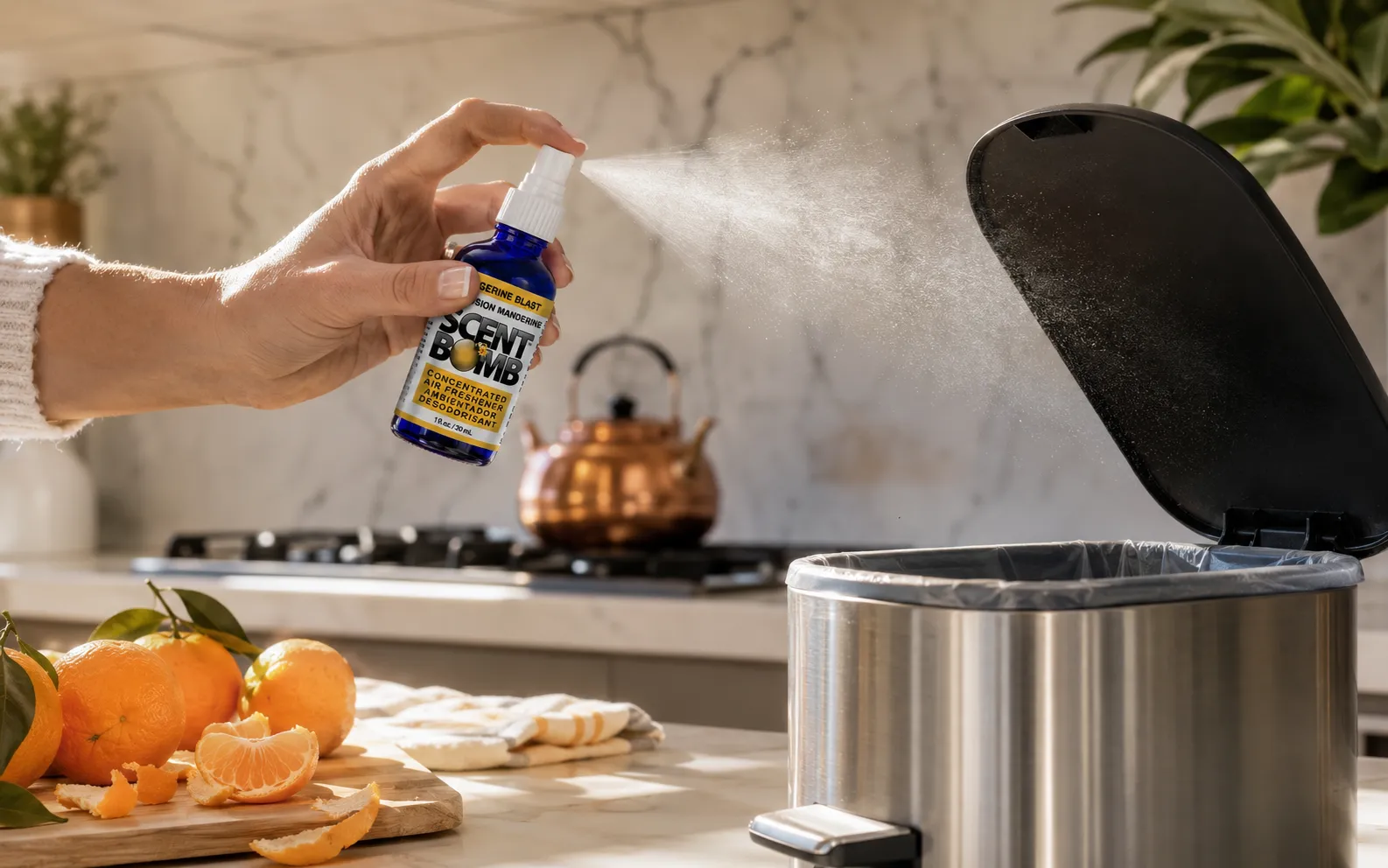 Scent Bomb spray used in kitchen to eliminate trash and food odors