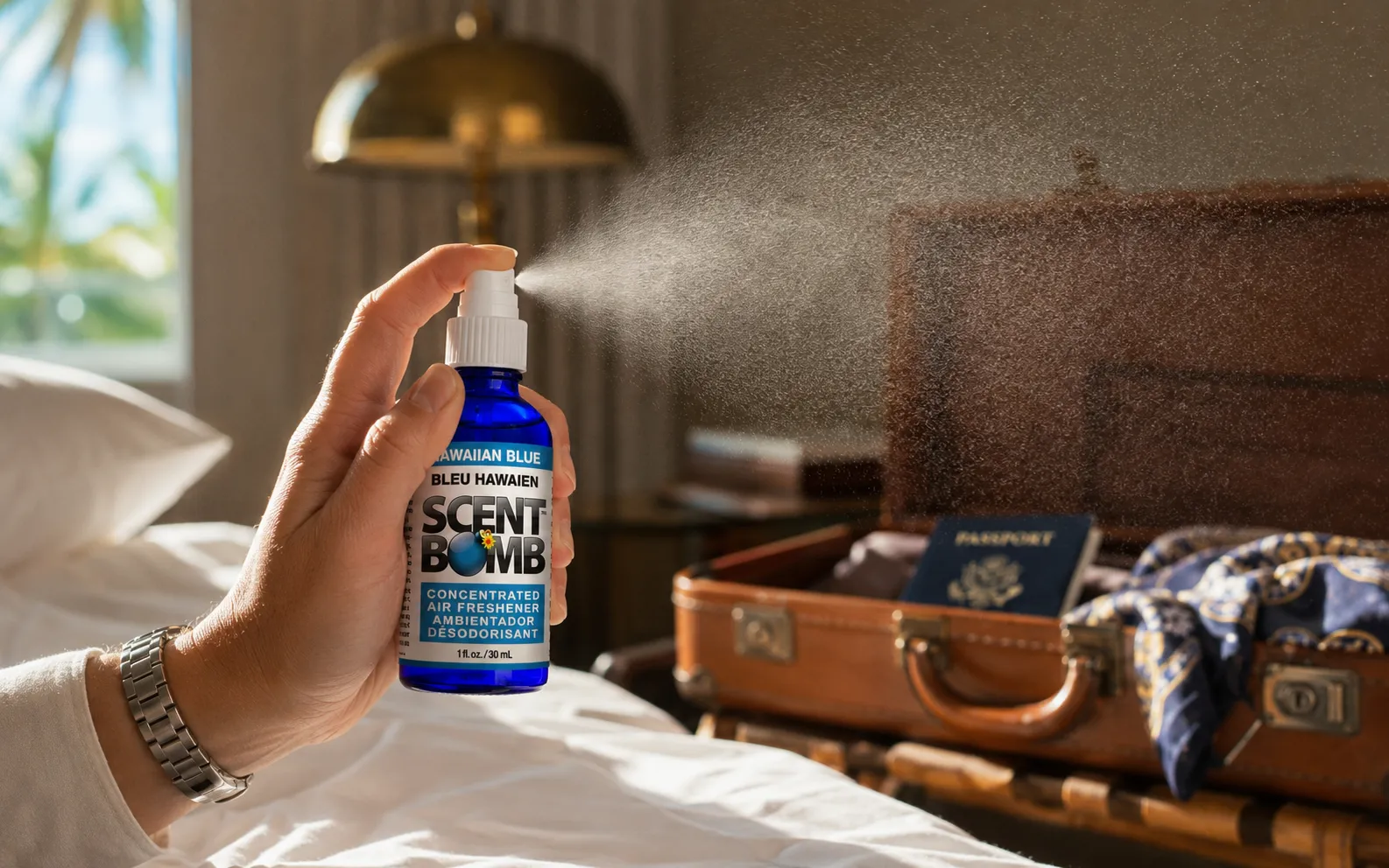 Scent Bomb 1 oz pocket-size air freshener spray for travel and hotels
