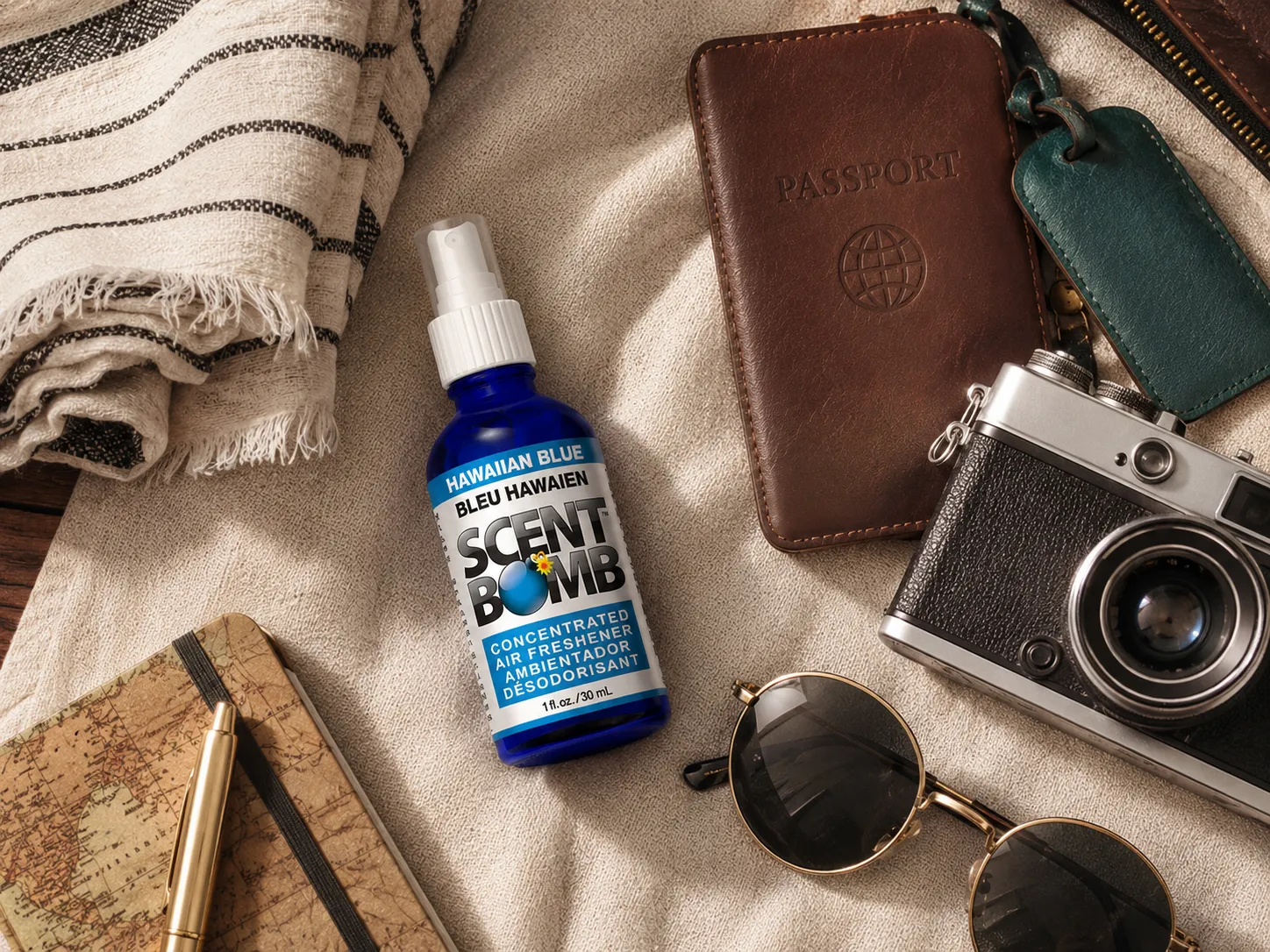 Scent Bomb air freshener spray bottle on a stylish home surface