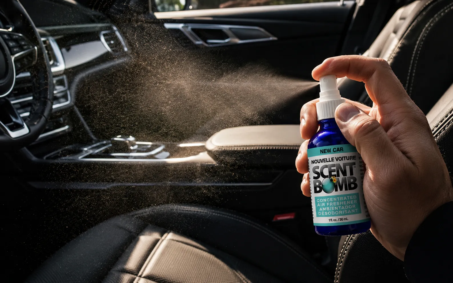 Scent Bomb air freshener used in a car interior — anti-odor spray for rideshare drivers
